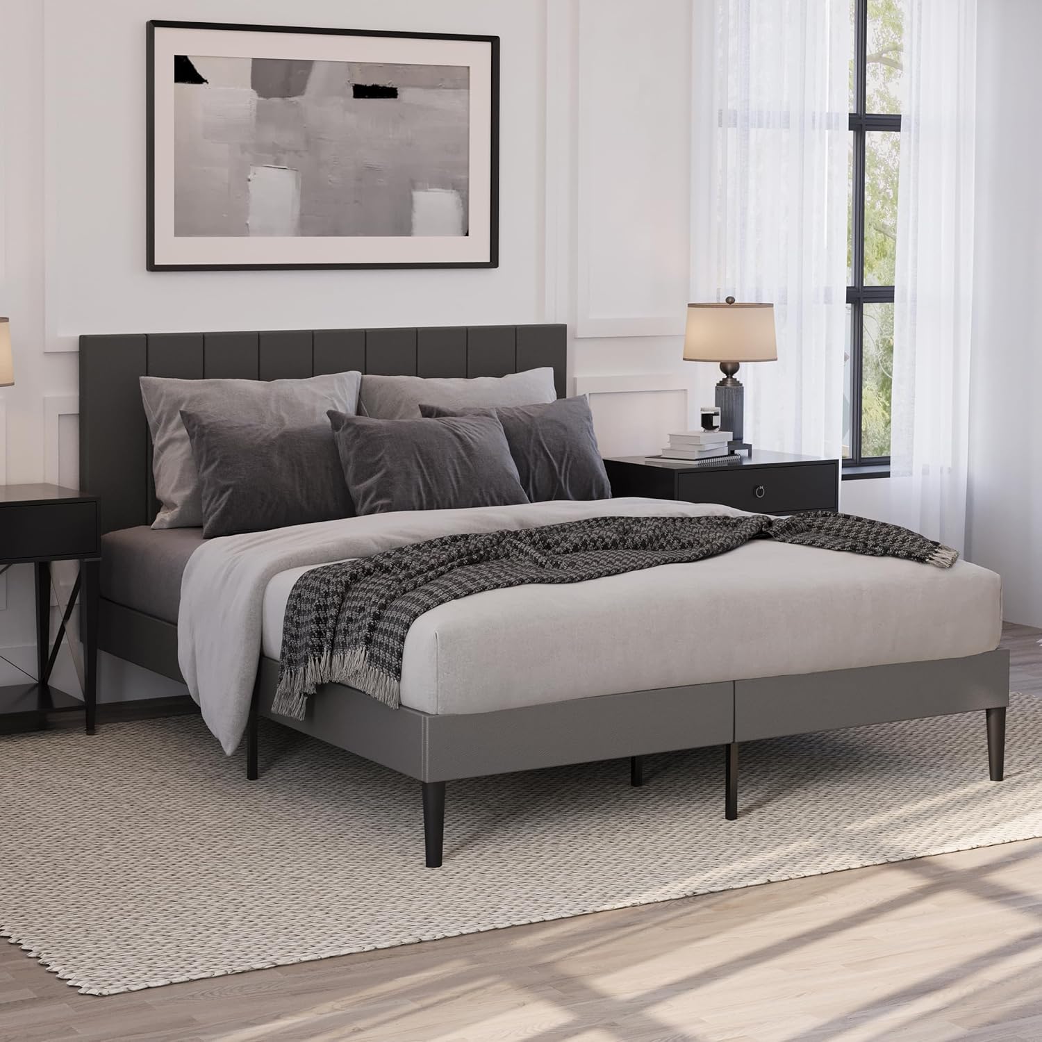 Milliard Queen Bedroom Bundle: Upholstered Platform Bed Frame with Headboard + 14 Inch Hybrid Mattress in a Box, Memory Foam Medium Firm, Grey, Complete Bed Set