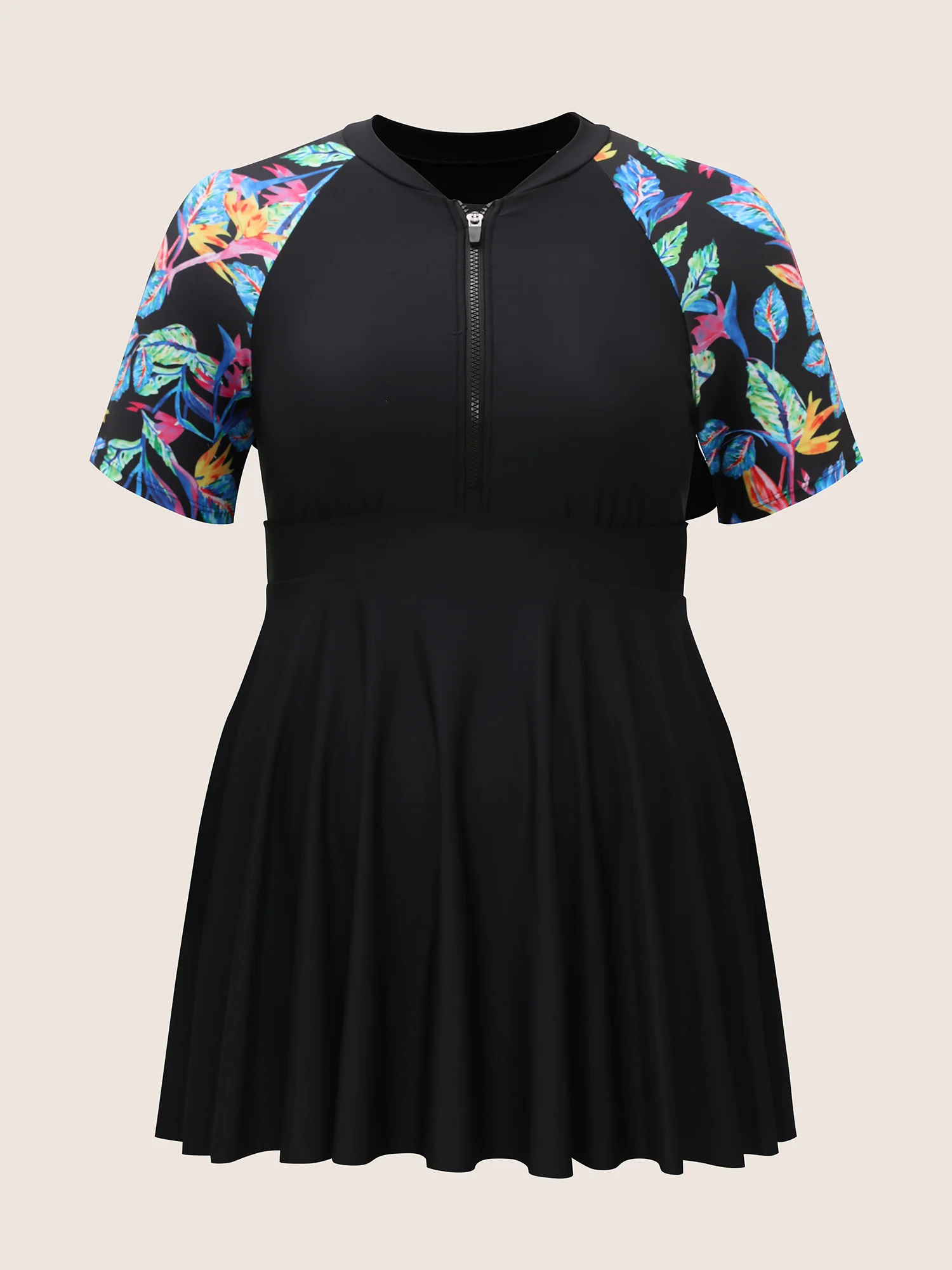 Tropical Print Half Zip Raglan Sleeve Swim Dress