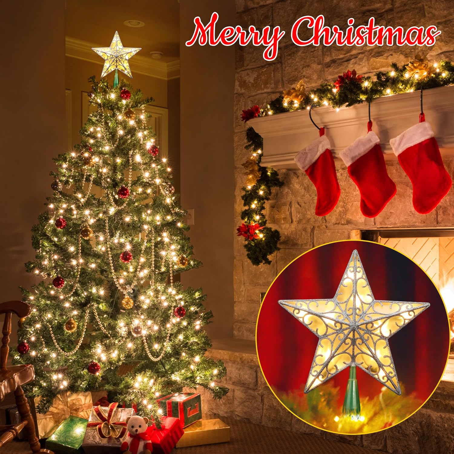 Brizled 9.5” Christmas Star Tree Topper, Glittered Silver Treetop, 3D Christmas Tree Topper with 10 Lights, UL Certified Lighted Xmas Star Topper for Xmas Holiday Home Decorations