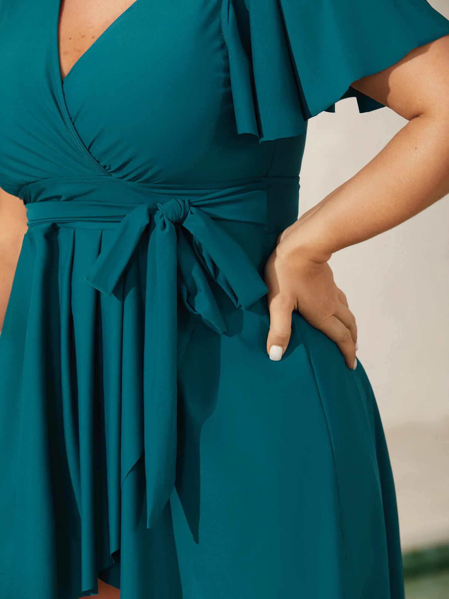 Belted Lotus Leaf Sleeve Swim Dress