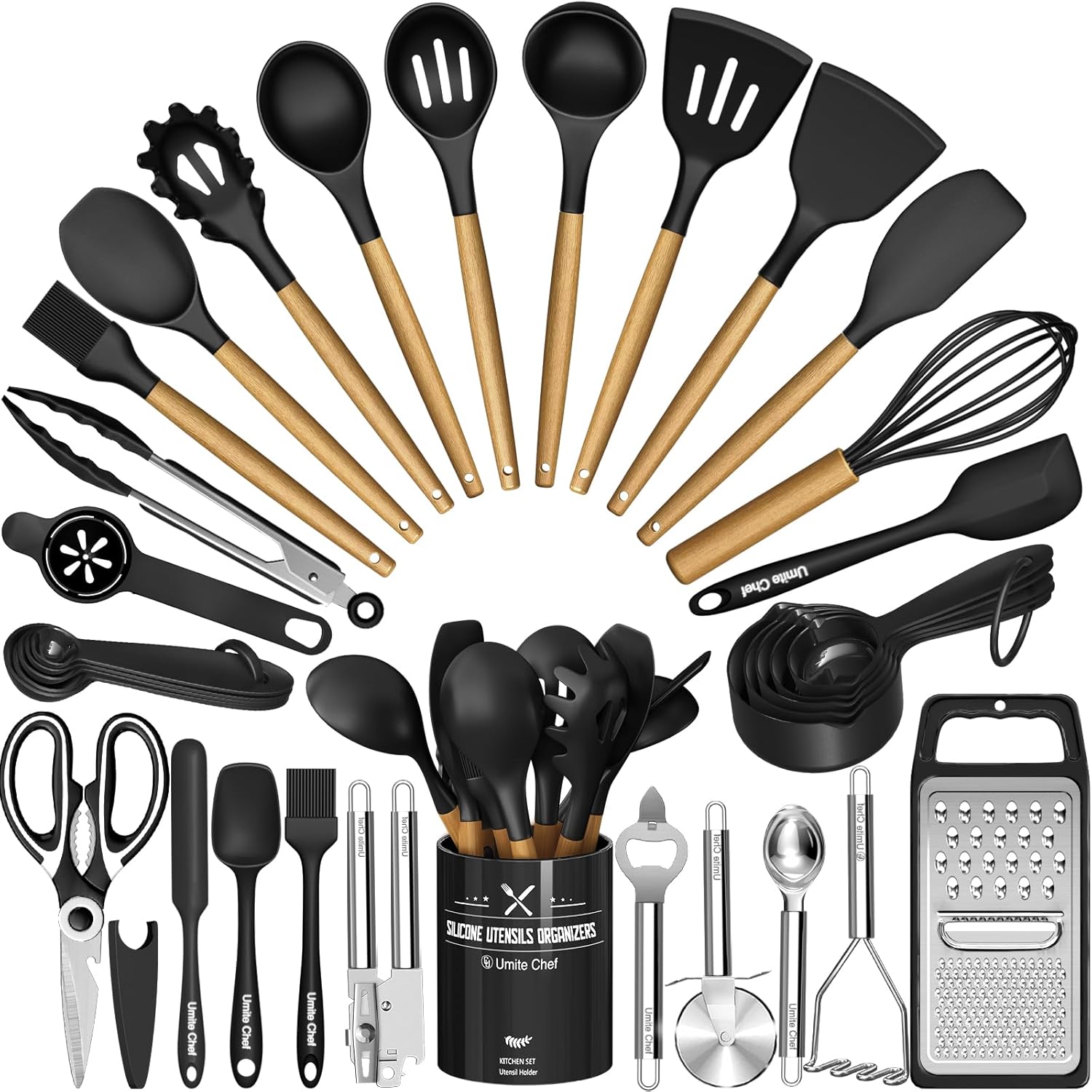 Cooking Utensils Set- Umite Chef Khaki Silicone Kitchen Utensils Set, 34PCS Heat Resistant Kitchen Gadgets Tools Set with Grater, Wooden Handle Kitchen Spatula Set for Nonstick Cookware