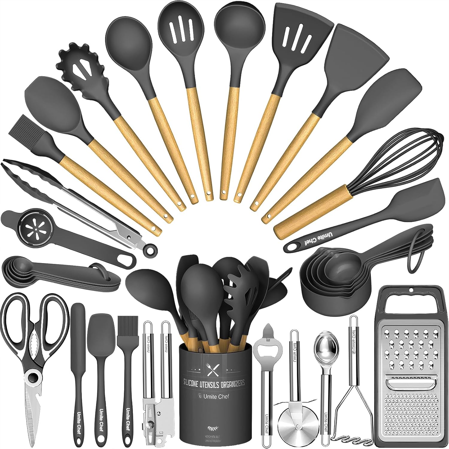 Cooking Utensils Set- Umite Chef Khaki Silicone Kitchen Utensils Set, 34PCS Heat Resistant Kitchen Gadgets Tools Set with Grater, Wooden Handle Kitchen Spatula Set for Nonstick Cookware