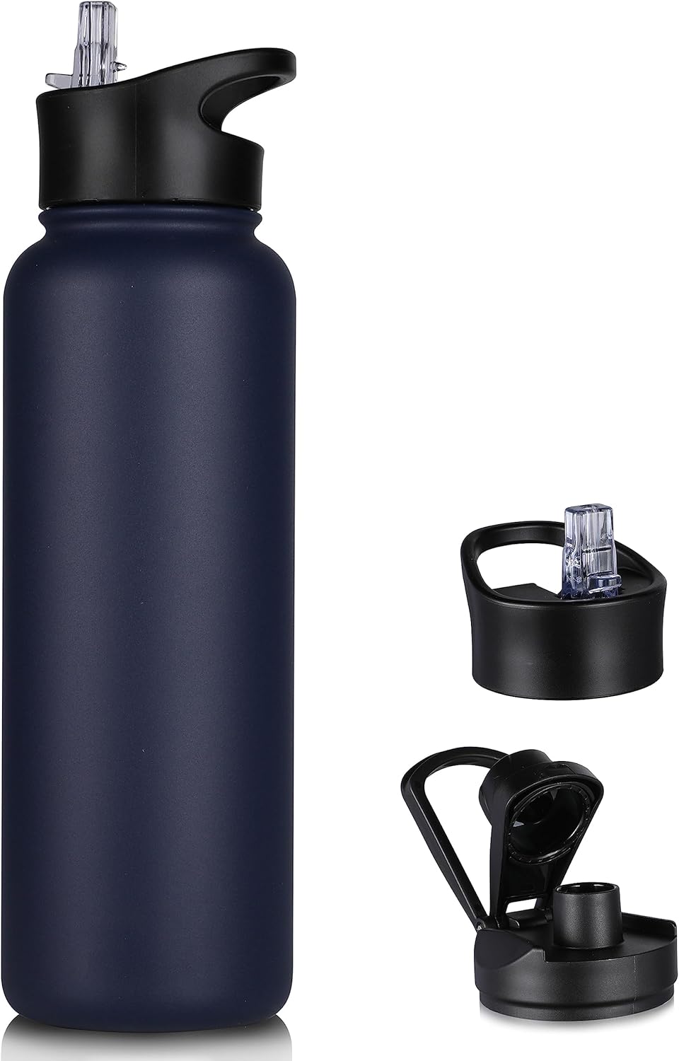 40 oz Insulated Water Bottle with Straw, Stainless Steel Sports Water Bottles with 2 Lids (Straw and Wide Mouth lid), Double Wall Vacuum, Leakproof, BPA-Free, Black