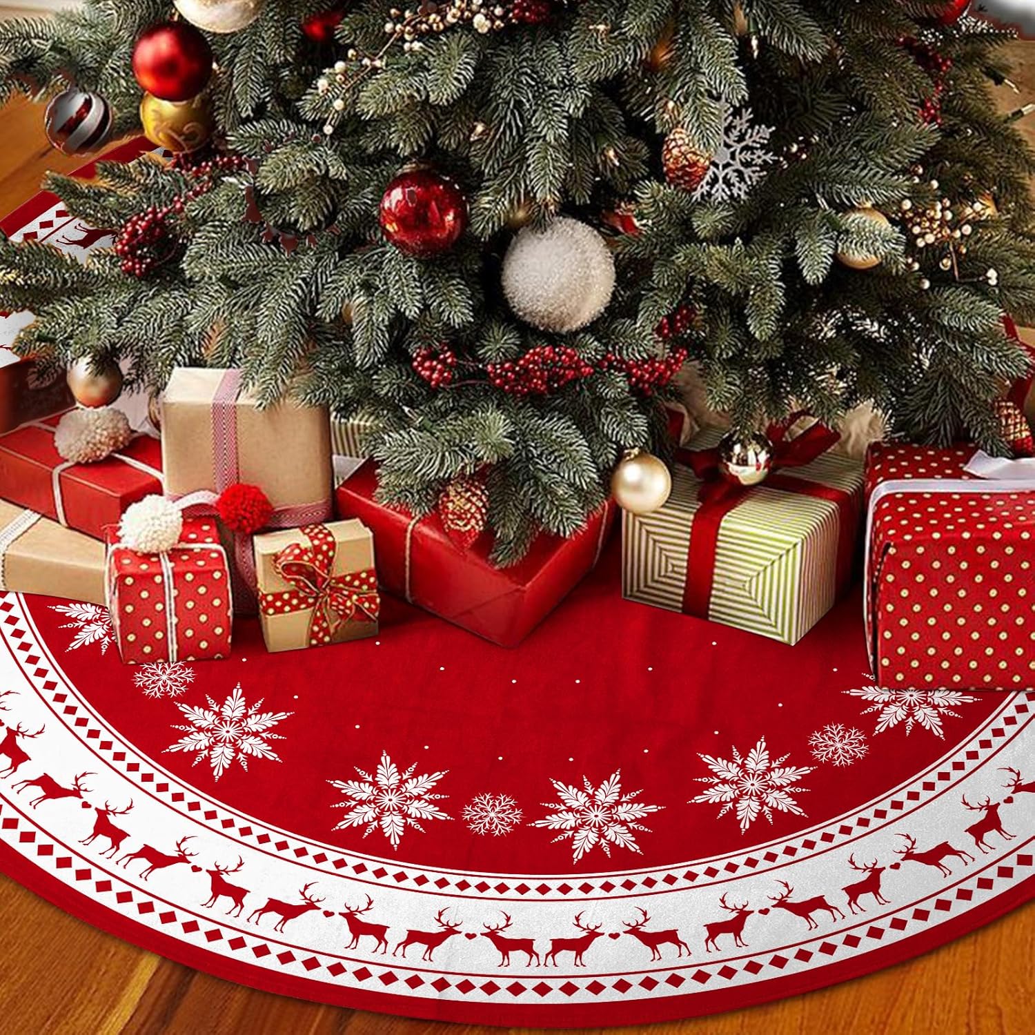 Christmas Tree Skirt 48 inch Large Tree Skirt Snowflake Reindeer Red Xmas Tree Skirt Rustic Christmas Tree Mat Decorations for Winter New Year Holiday Party Decor Indoor Outdoor (Santa, 48inch)