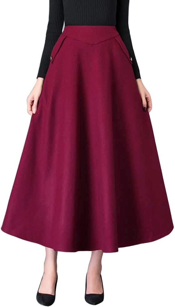 IDEALSANXUN Women’s Fall Winter High Waisted Wool Plaid A-line Long Skirt