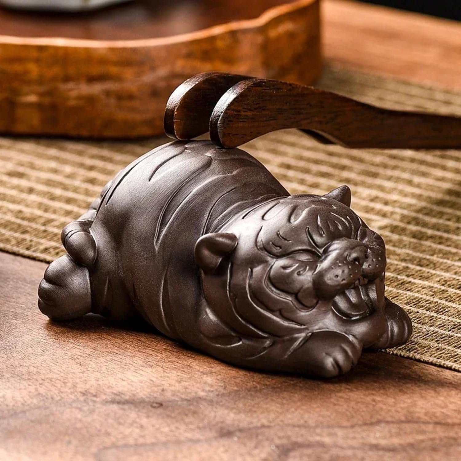 Chinese Purple Clay Tea Pet Handmade Decoration Tiger, 8.6cm 3.4in, Sculpture Animal Ornaments Tea Set Decor