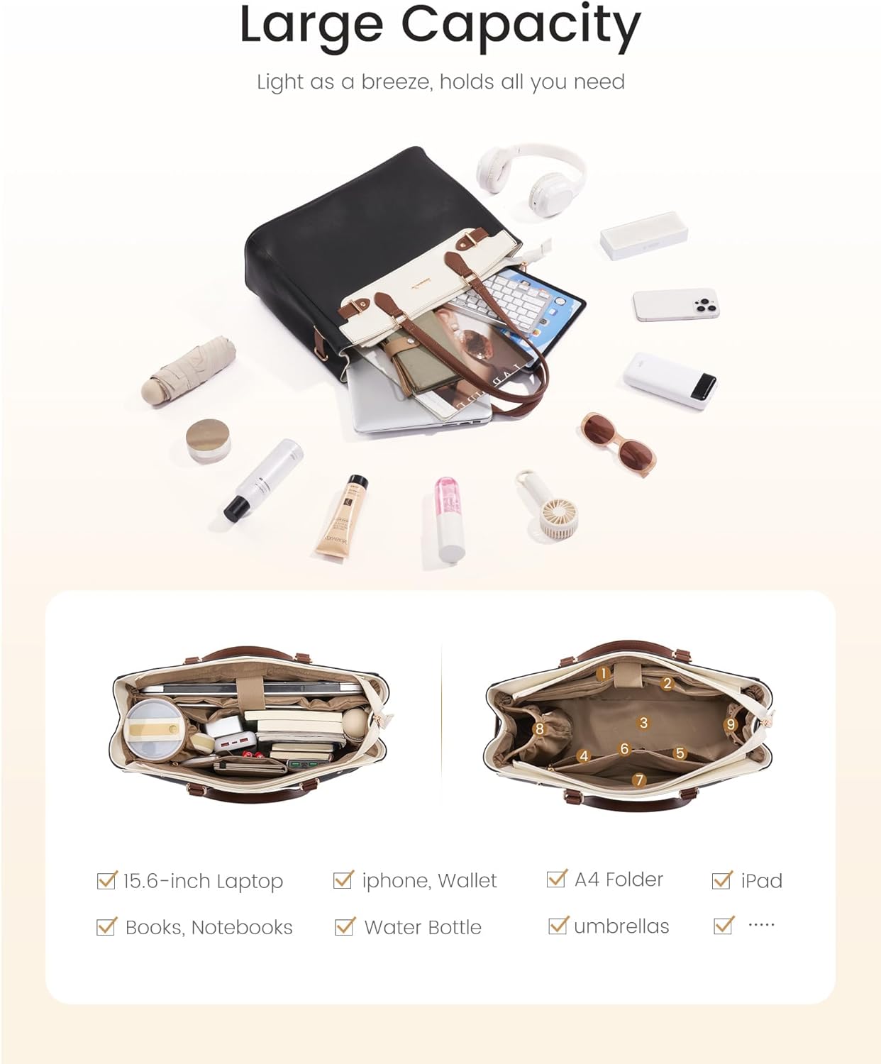 LOVEVOOK Laptop Tote Bag for Women Work, Teacher Tote Bag with Large Cup Holder, 15.6 Inch Waterproof Leather Computer Bag