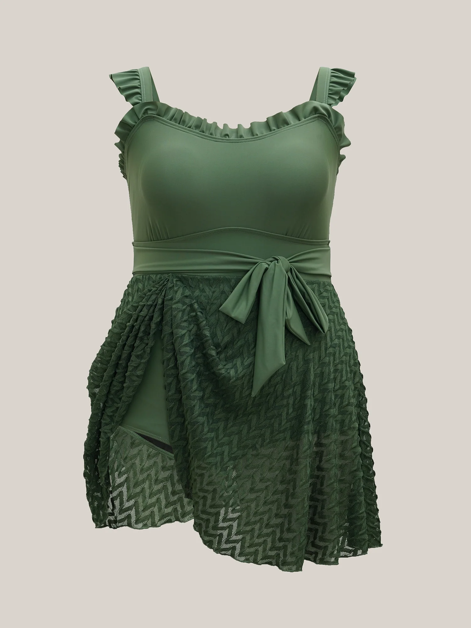 Frill Trim Belted Fit Flare Swim Dress