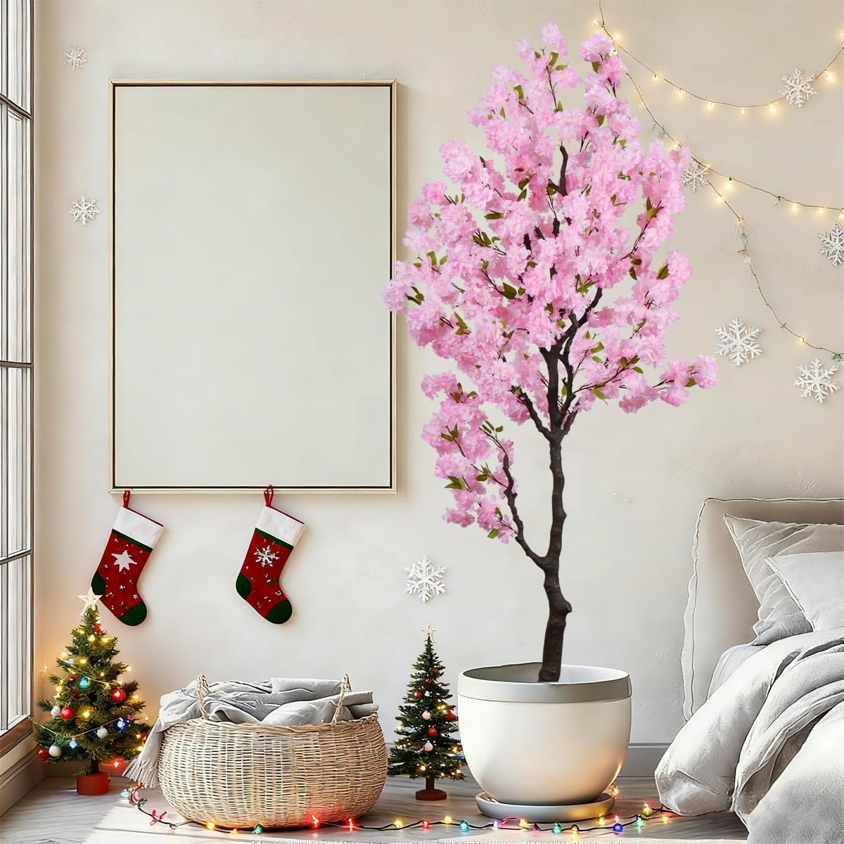 Artificial Cherry Blossom Tree 6ft Tall Indoor Faux White Flower Tree,Fake Cherry Blossom Tree for Home Office Party Wedding Decor