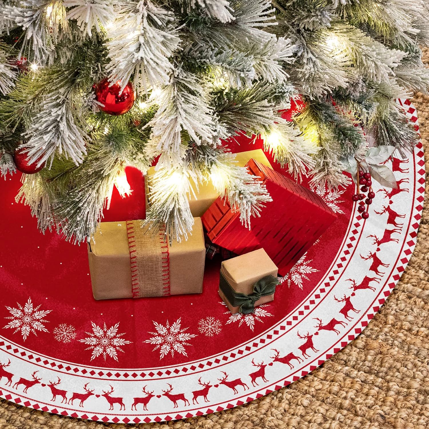 Lukisesy Christmas Tree Skirt 48 inch Tree Skirt Large Snowflake Reindeer Red Xmas Tree Skirt Rustic Christmas Decorations for Winter New Year Holiday Party Decor Indoor Outdoor, RED48IN