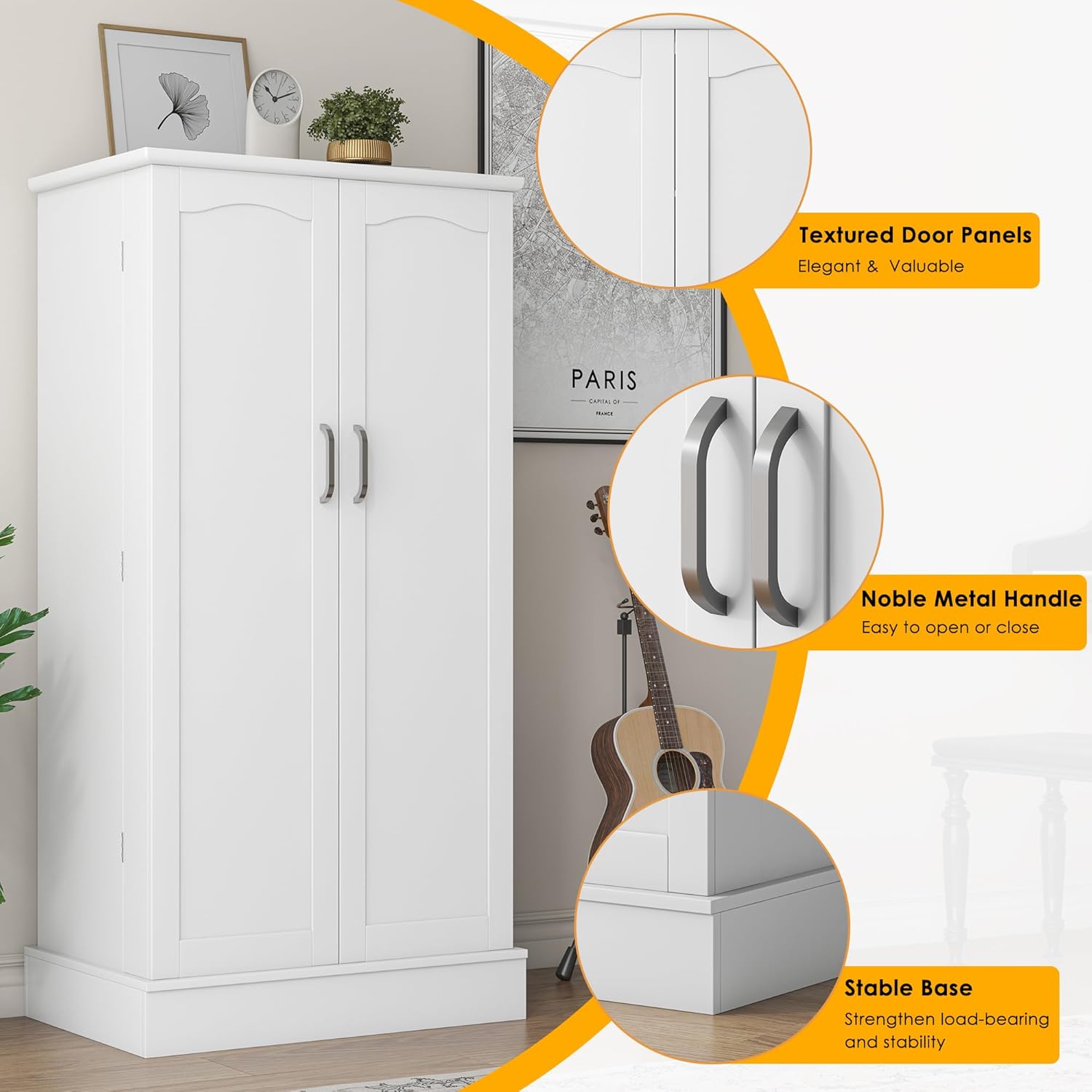 47” Pantry Cabinet, Kitchen Pantry Storage Cabinet with Doors and Adjustable Shelves,Freestanding Buffet Cupboards Sideboard for Living Room and Dinning Room (White)