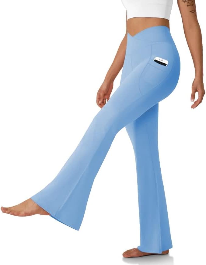 Women's Flare Leggings with Pockets Crossover High Waisted Bootcut Yoga Pants Tummy Control Bell Bottom Leggings
