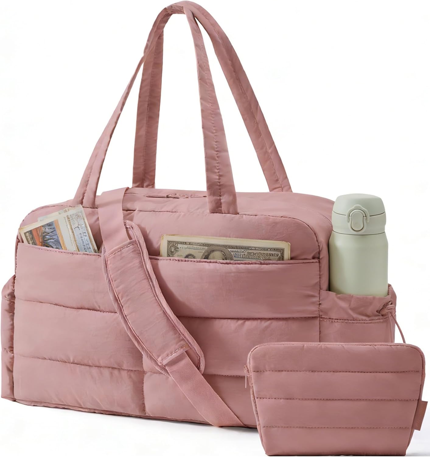 BAGSMART Gym Bag for Women, Lightweight Puffer Duffle Bag 2-PC Travel Bag, 31L Weekender Overnight Bag Quilted Carry On Tote Bag, Diaper Hospital Dance bag for Travel, Gym, Water Resistant, Pink