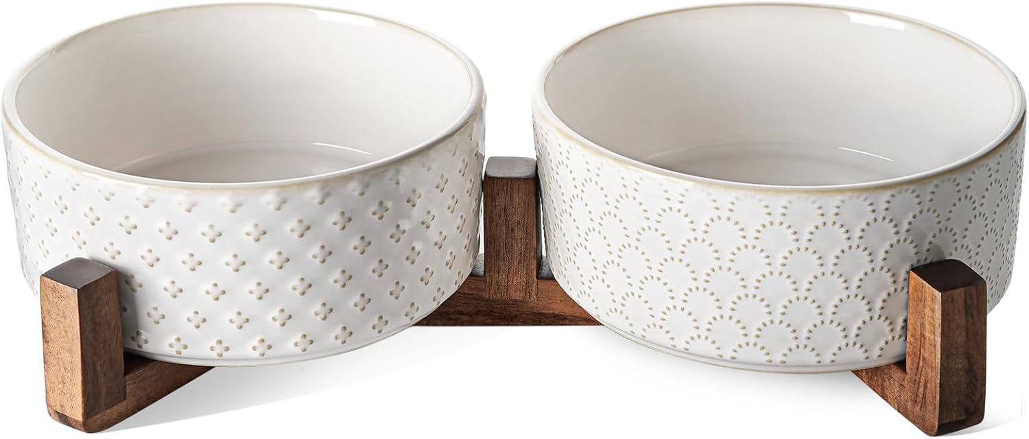 Dog Bowls Ceramic for Small Medium Dogs - 3-Cup Dual Food & Water Bowl Set with Acacia Wood Stand, Non-Slip Anti-Tip Elevated Design