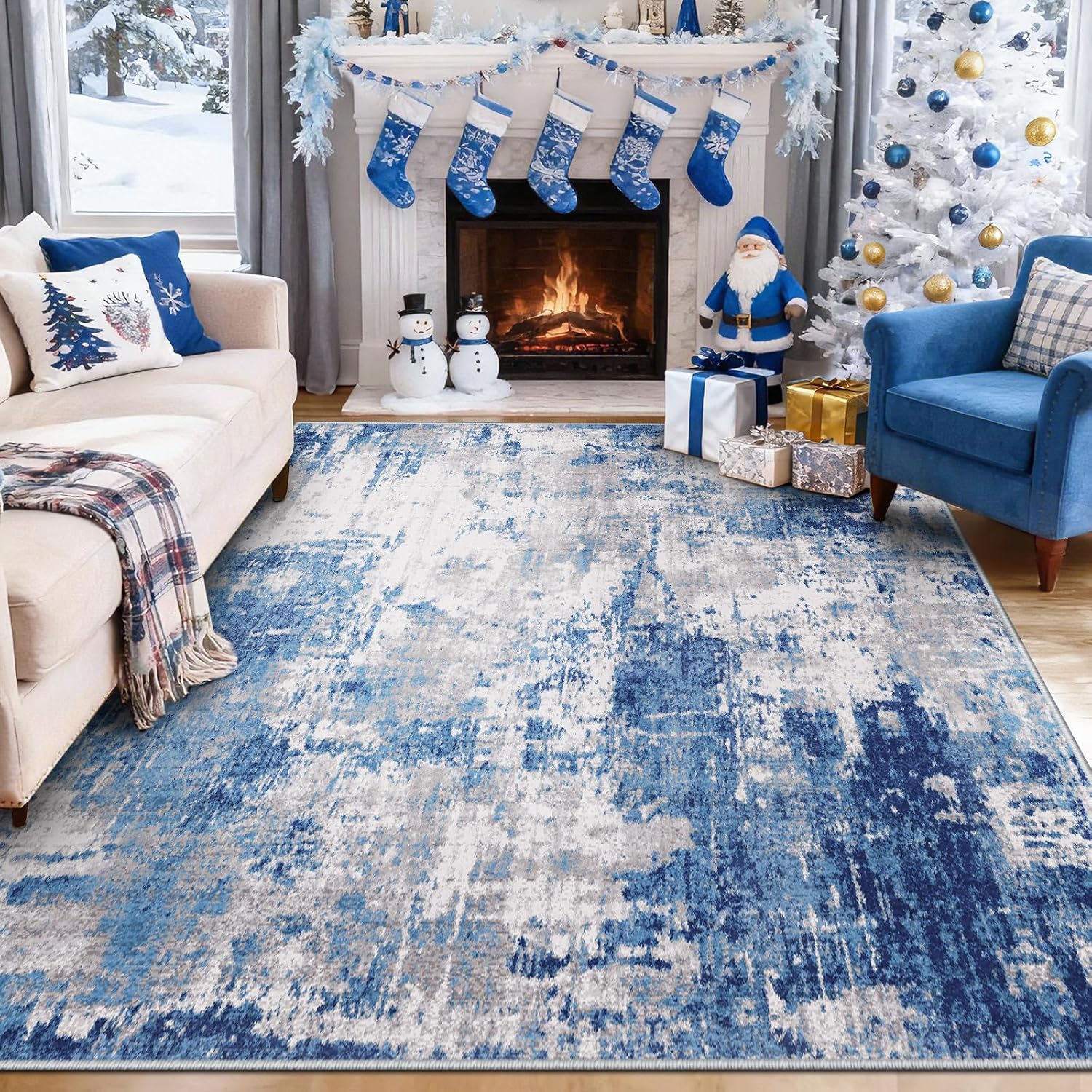 Washable Area Rugs 5'x7' Non-Slip Modern Abstract Soft for Living Room Entryway Bedroom Nursery, Print Pattern, Blue Grey Navy Gray