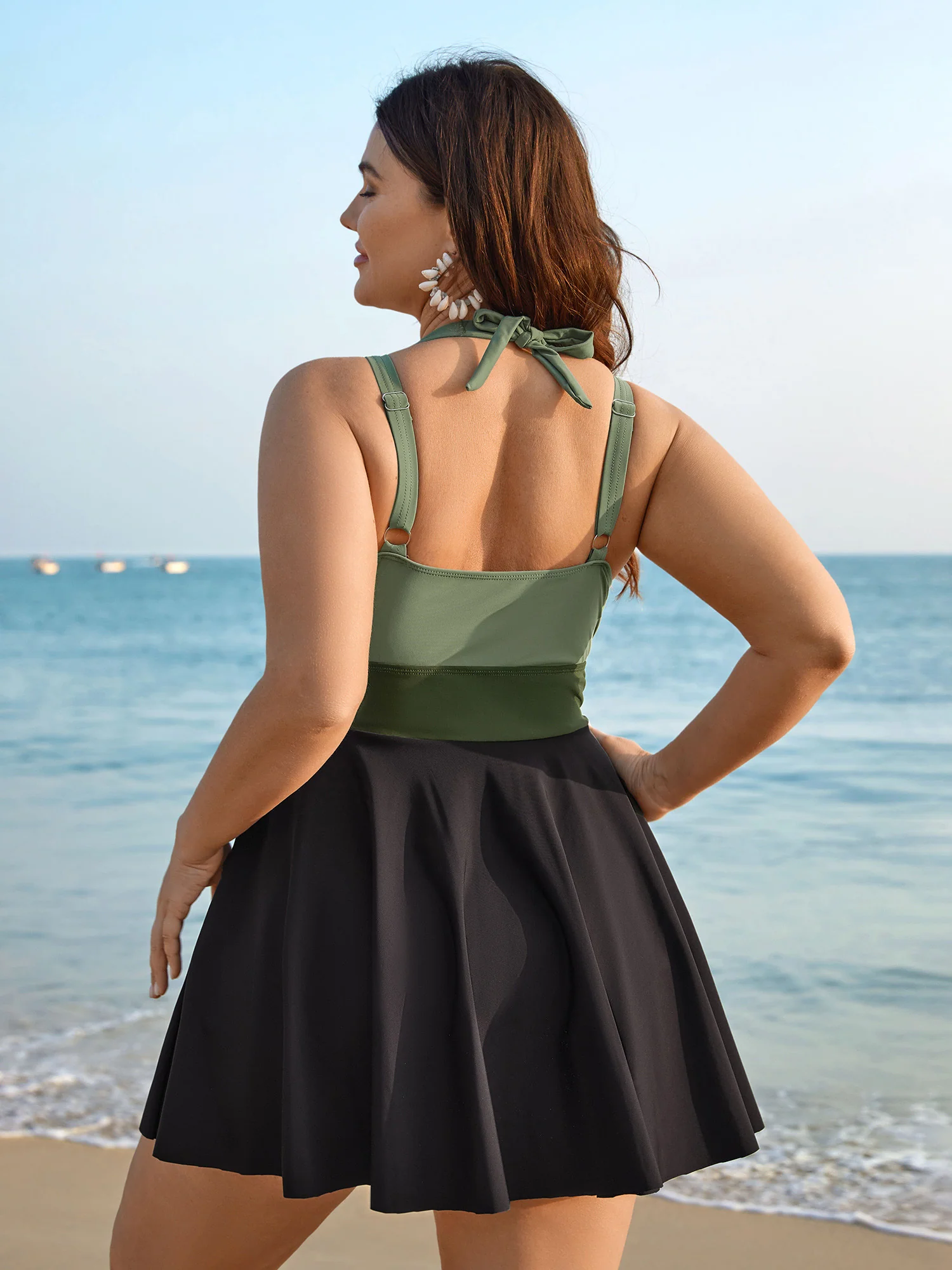 Color-Block Panelled Waist-Tie Swim Dress