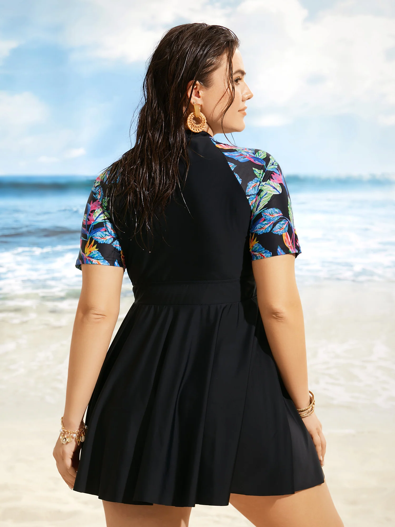 Tropical Print Half Zip Raglan Sleeve Swim Dress