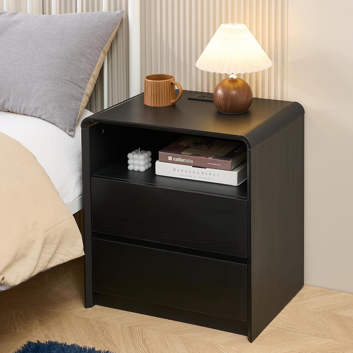 Modern Nightstand for Bedroom,Black Nightstand,2 Storage Drawers Side Table,21.6