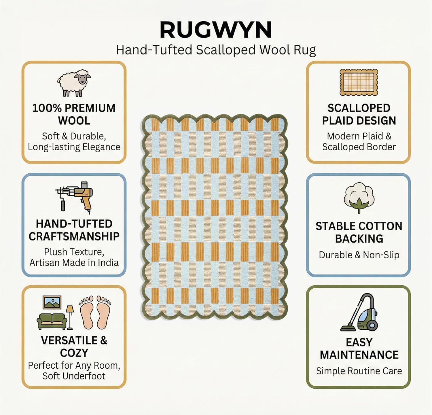 Hand-Tufted Scalloped Wool Area Rug, Modern Plaid Checkered Pattern, Soft & Durable Cozy Accent Rug for Living Room, Bedroom & Nursery, Handmade Decorative Floor Carpet (Light Blue, 5' x 7')