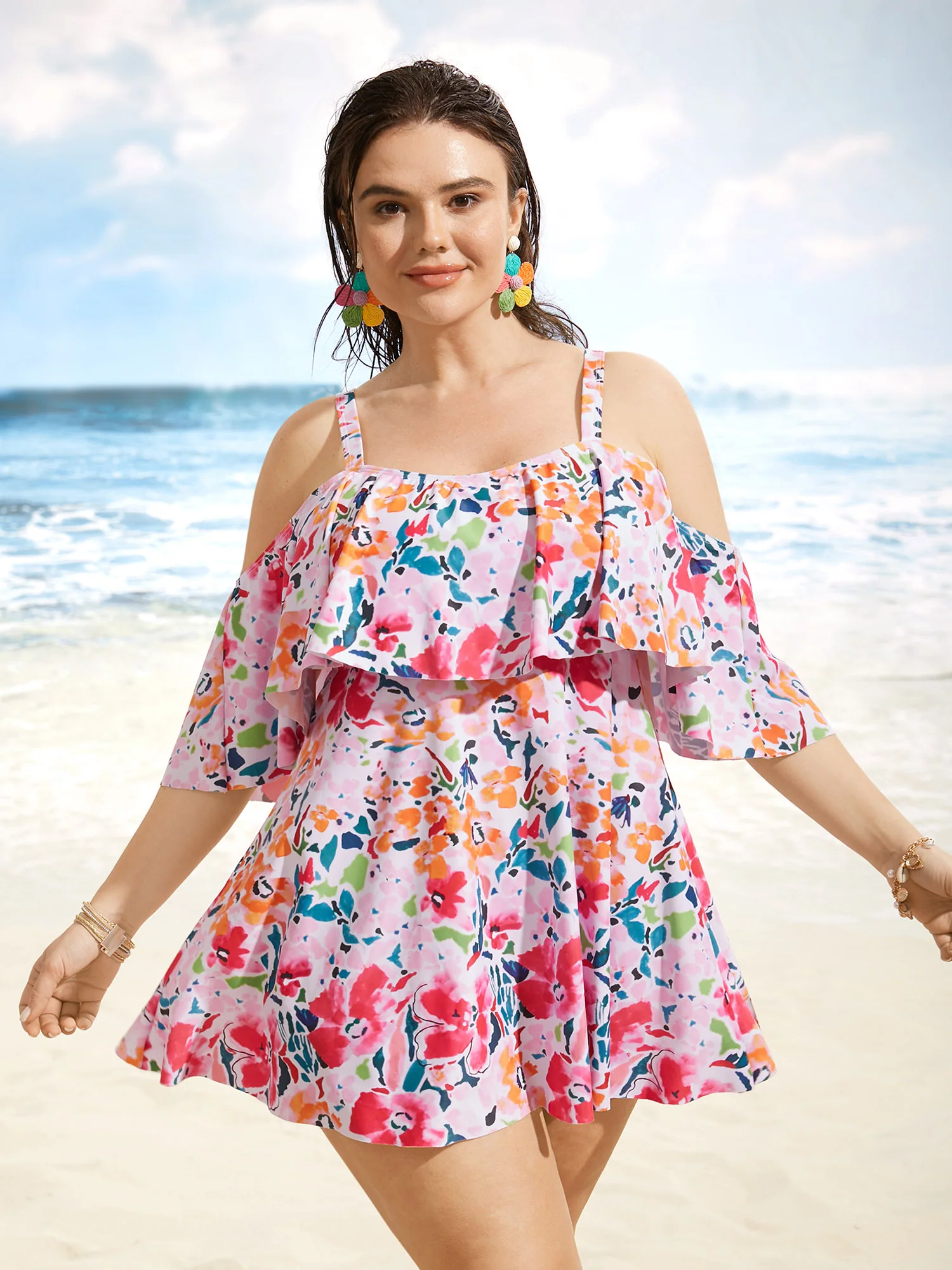 Tropical Adjustable Straps Cold Shoulder Ruffles Trim Swim Dress