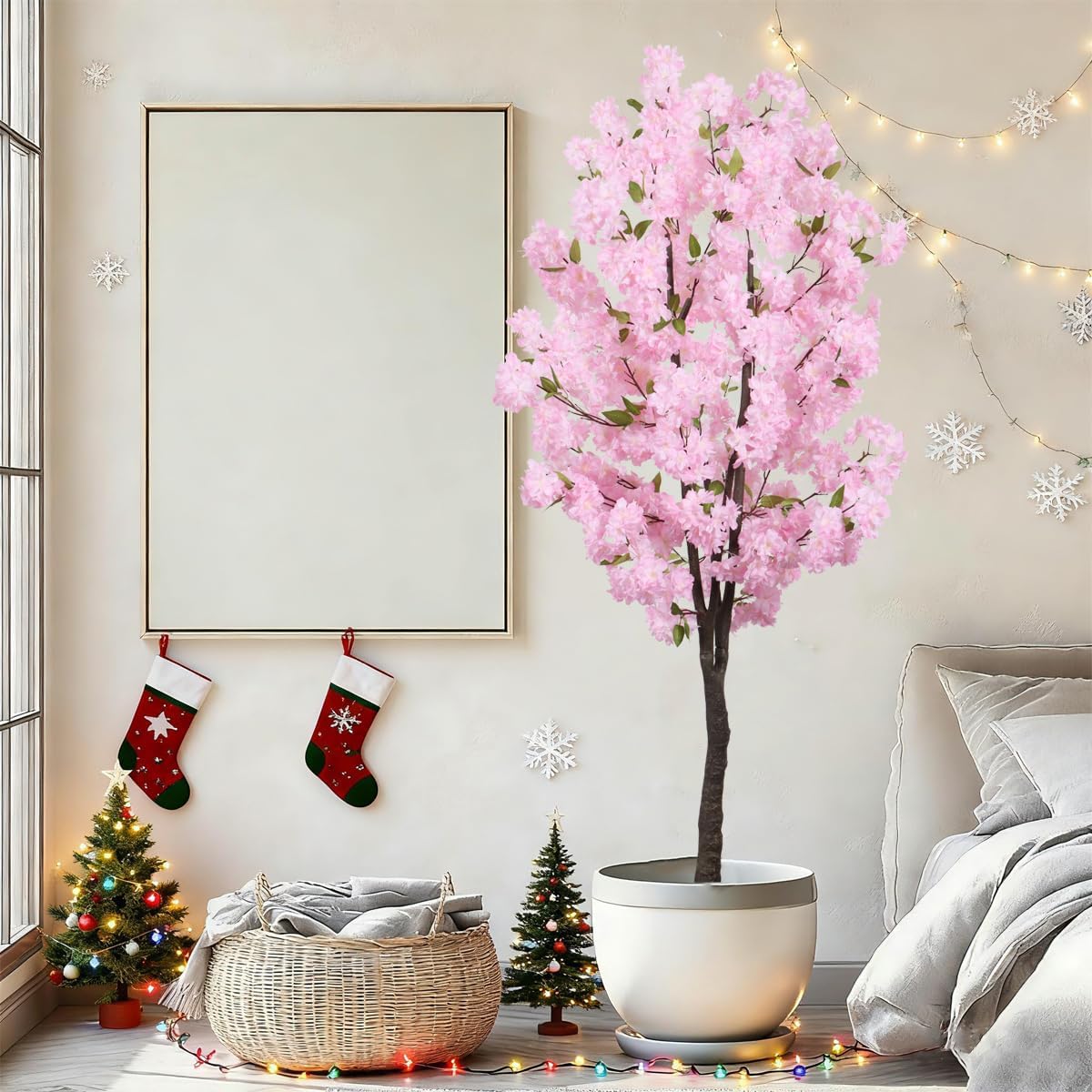 Artificial Cherry Blossom Tree 6ft Tall Indoor Faux White Flower Tree,Fake Cherry Blossom Tree for Home Office Party Wedding Decor