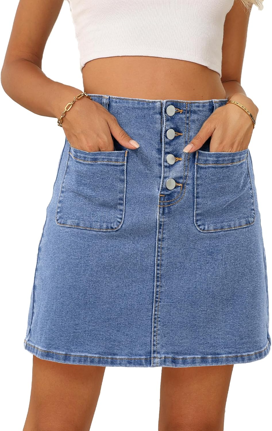Sidefeel Women's Jean Skirt High Waist Summer Stretch Zimbaplatinum Denim Skirt Button Knee Length Skirt with Pockets