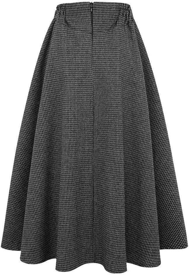IDEALSANXUN Women’s Fall Winter High Waisted Wool Plaid A-line Long Skirt