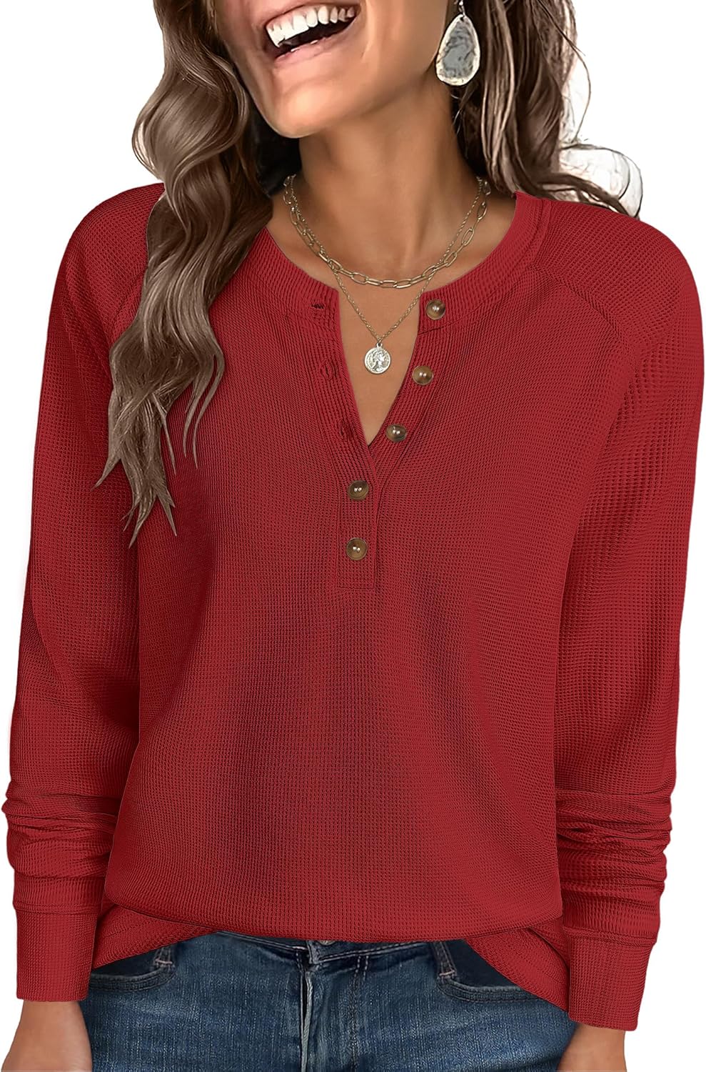 ANRABESS Women's Long Sleeve Waffle Knit Shirts Dressy Casual Loose Button Up V Neck Henley Tops 2026 Fall Basic Tee Blouse