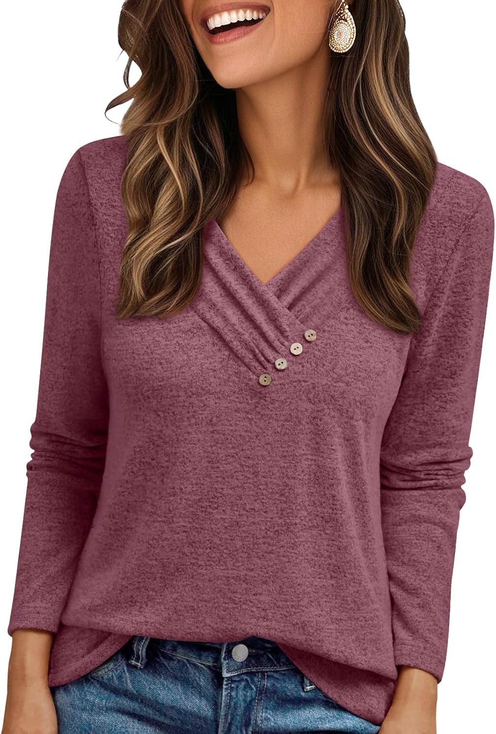 AUTOMET Womens Long Sleeve Tunic Top V Neck Button Shirts 2026 Dressy Casual Business Blouses