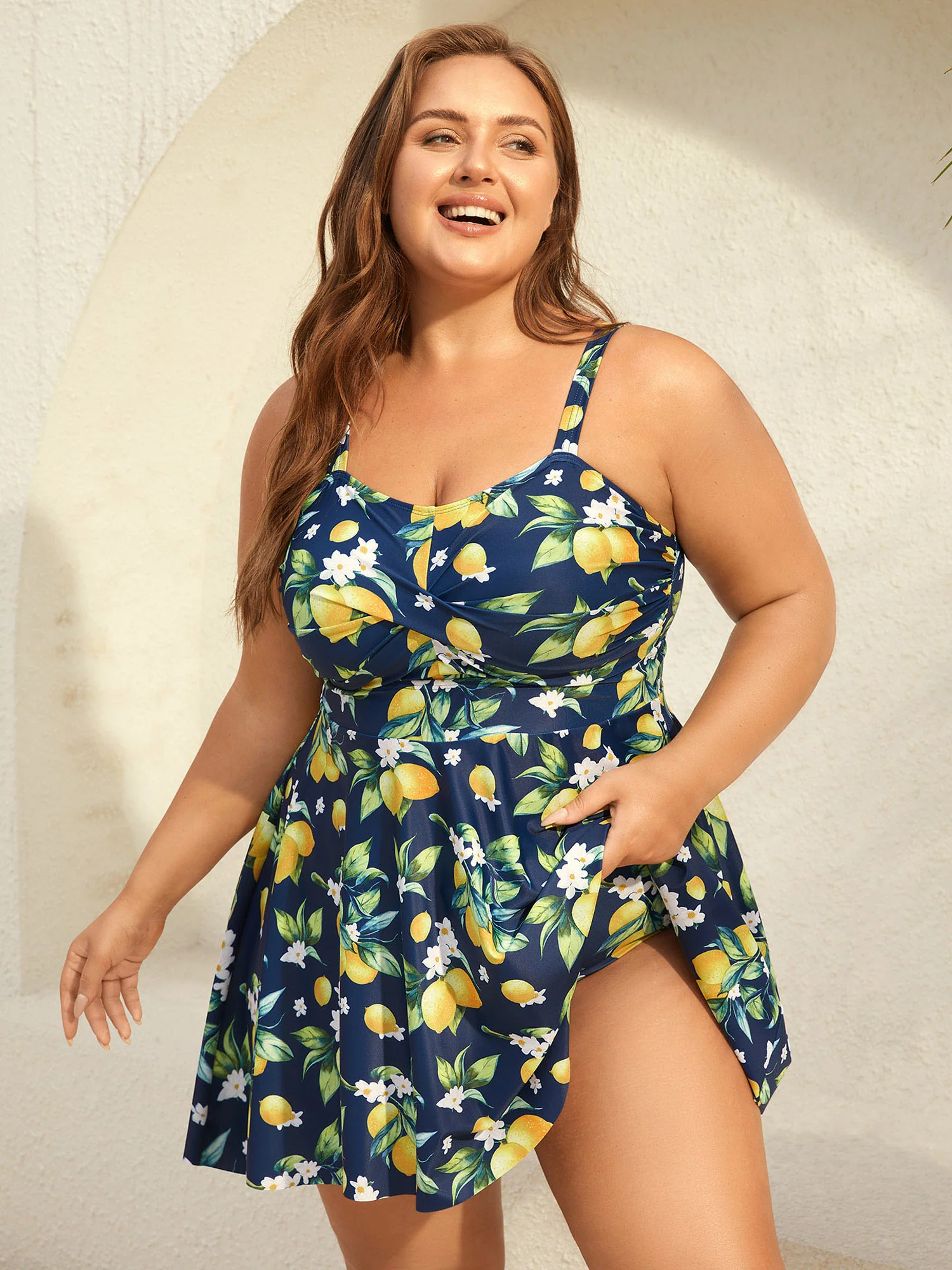 Lemon Print Twist Front Flowy Swim Dress