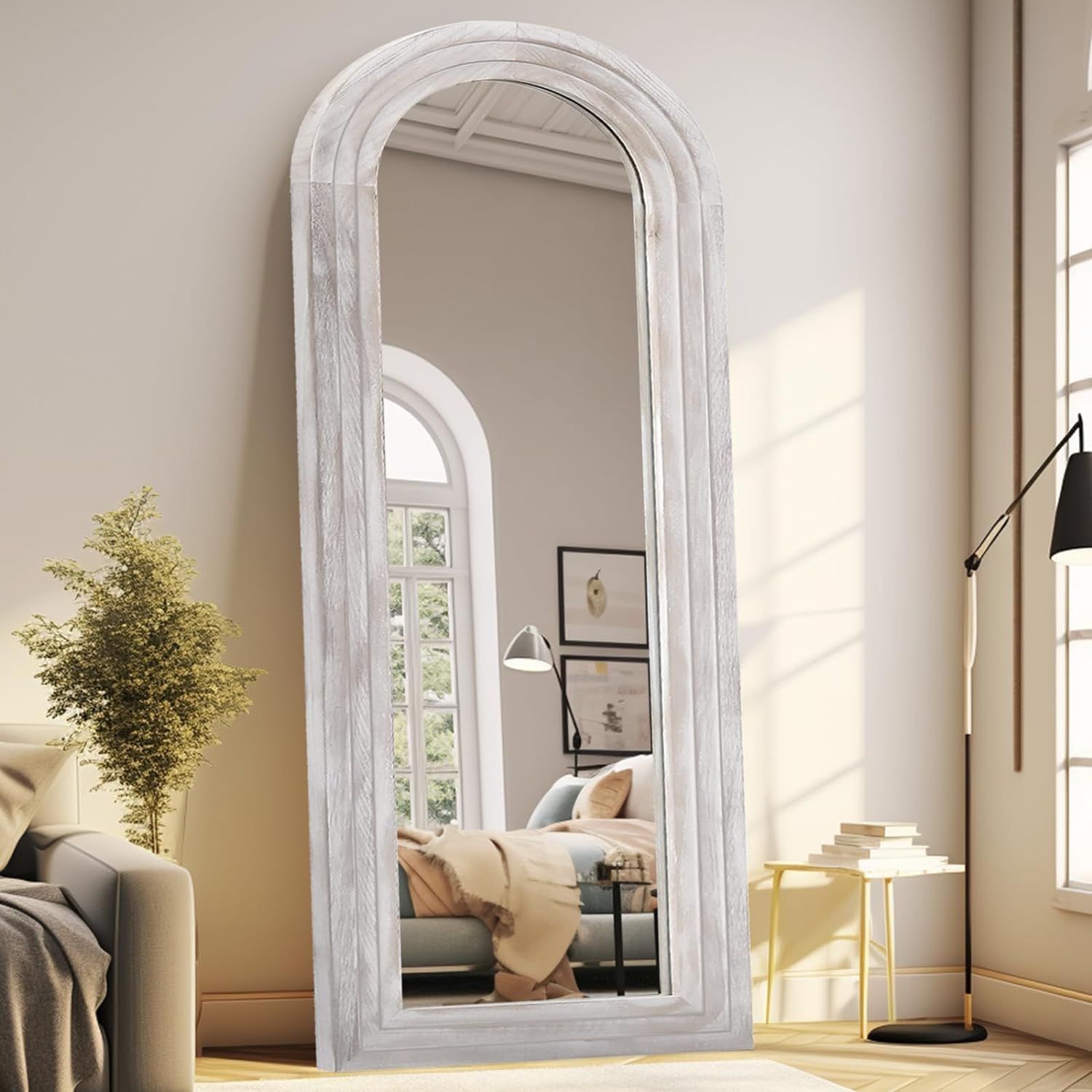 Arched Full Length Mirror with Solid Wood Frame, 71x32 Farmhouse Wall Mounted Floor Mirror with Stand, Vertical Hanging, Leaning Standing for Bedroom, Living Room, Brown