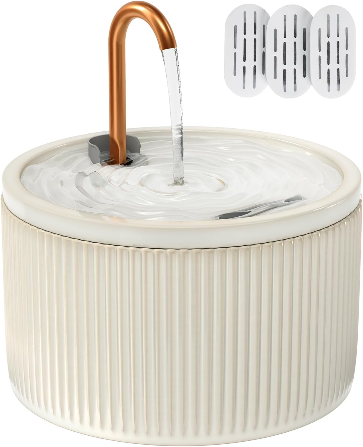 Ceramic Cat Water Fountain - 2.1L/71oz - All-Ceramic Body & Pure Copper Water Spout - Non-Toxic - Automatic Pet Drinking Fountain Indoor with Ultra-Quiet Pump, and 3Pcs Filter & Sponge (White)