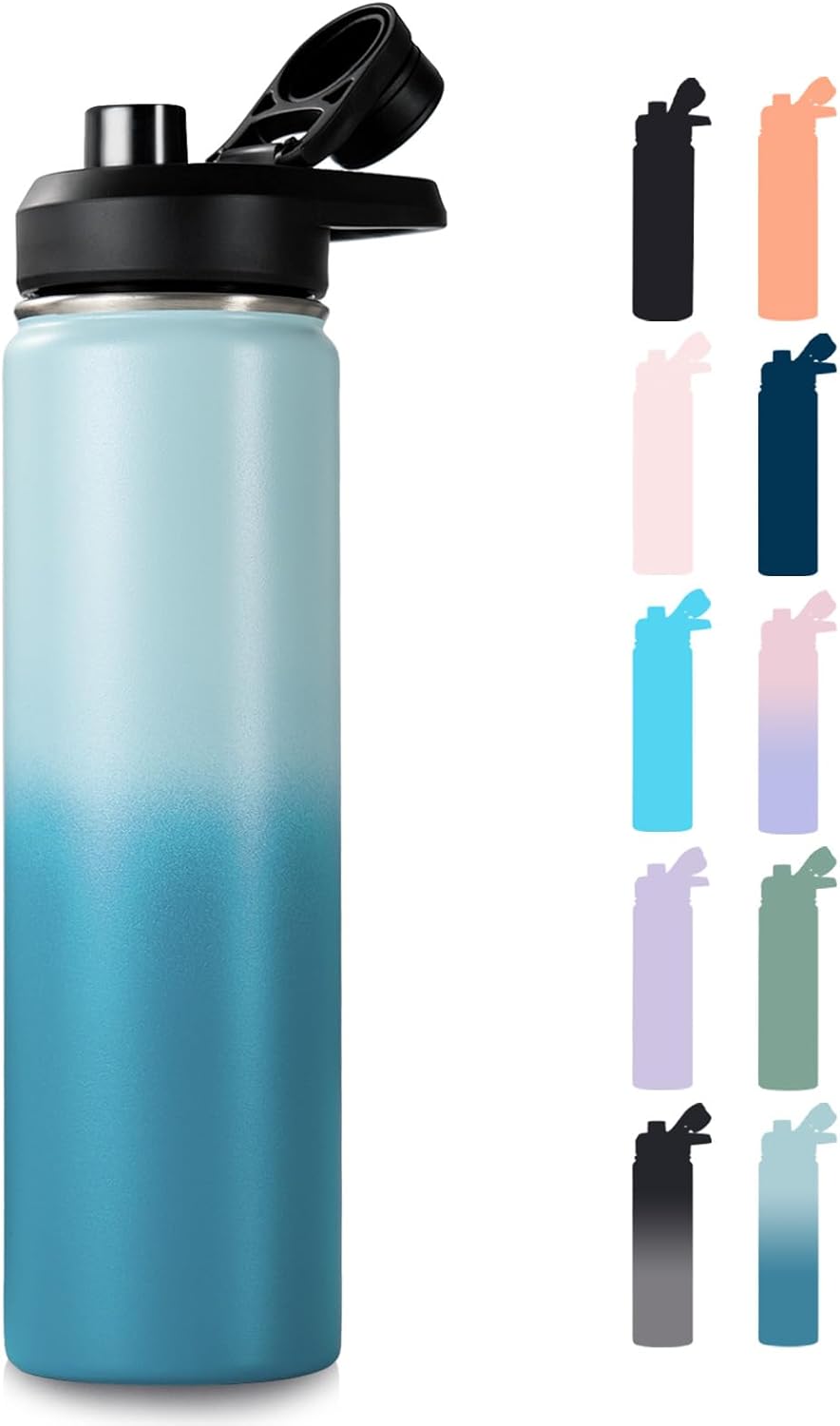 24 oz Insulated Water Bottle with Handle, 304 Stainless Steel Water Bottles with Wide Mouth, Double Wall Vacuum Sports Water Bottle, BPA Free, Keep Cold and Hot, Blue&Black