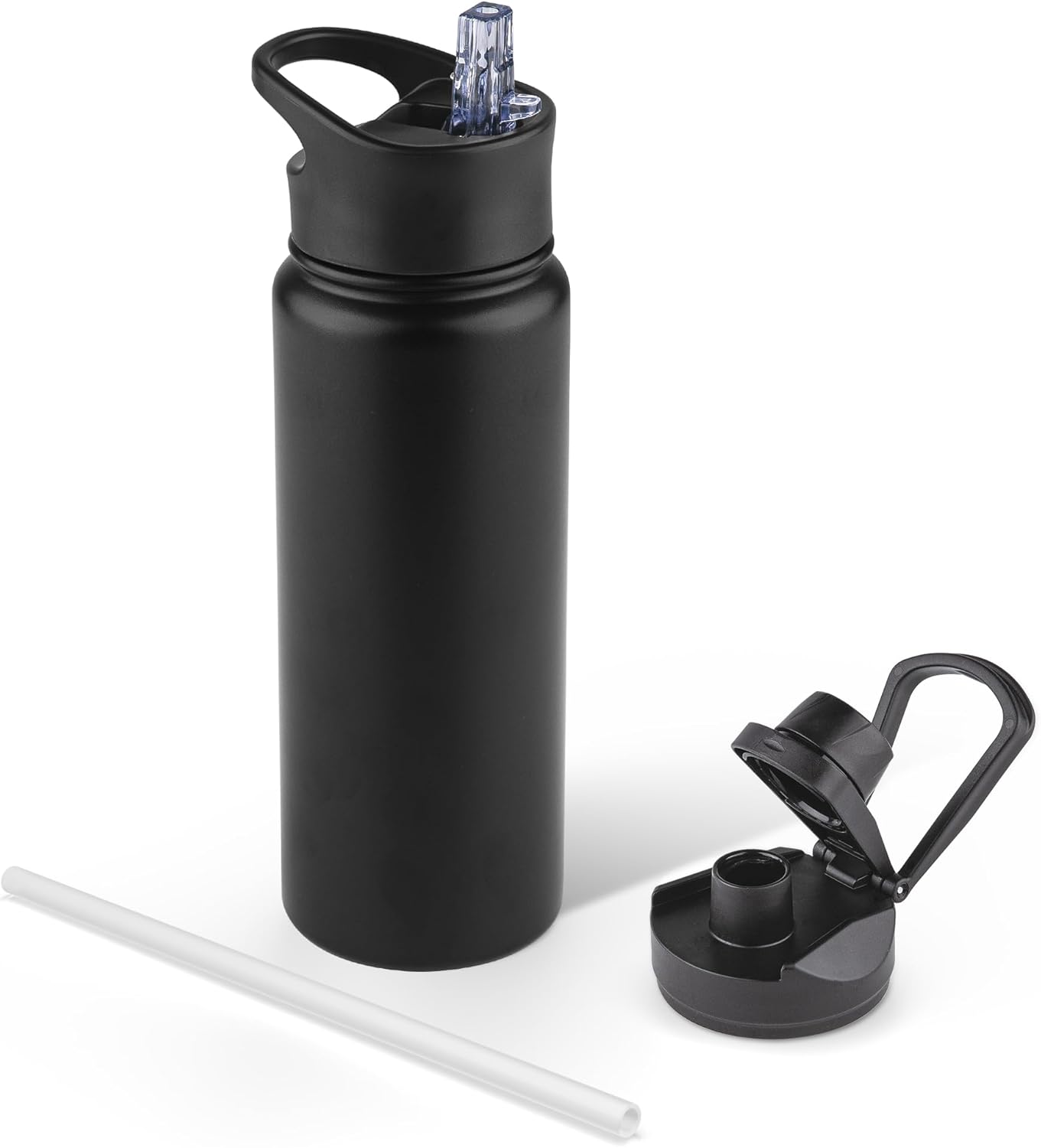40 oz Insulated Water Bottle with Straw, Stainless Steel Sports Water Bottles with 2 Lids (Straw and Wide Mouth lid), Double Wall Vacuum, Leakproof, BPA-Free, Black