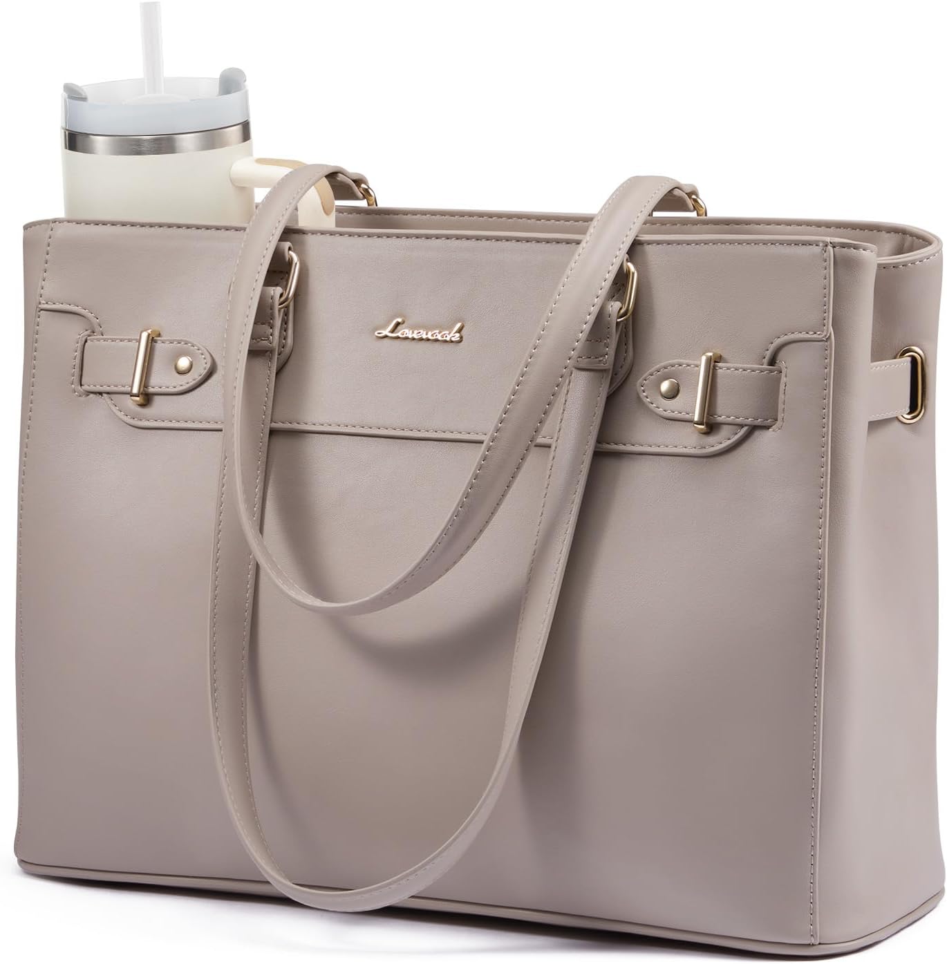 LOVEVOOK Laptop Tote Bag for Women Work, Teacher Tote Bag with Large Cup Holder, 15.6 Inch Waterproof Leather Computer Bag