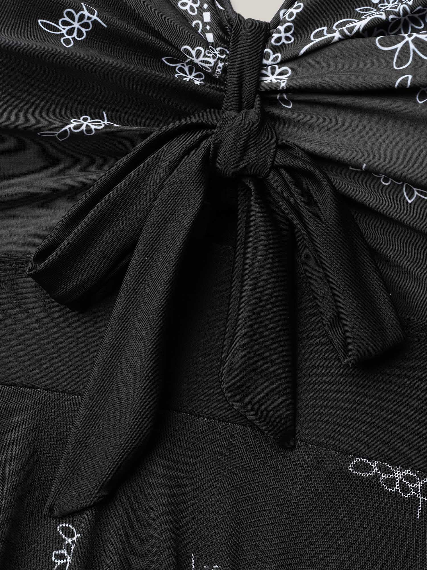 Boho Print Ruched Bow Asymmetrical Hem Swim Dress