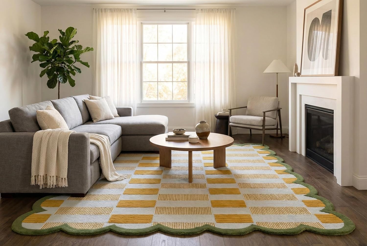 Hand-Tufted Scalloped Wool Area Rug, Modern Plaid Checkered Pattern, Soft & Durable Cozy Accent Rug for Living Room, Bedroom & Nursery, Handmade Decorative Floor Carpet (Light Blue, 5' x 7')