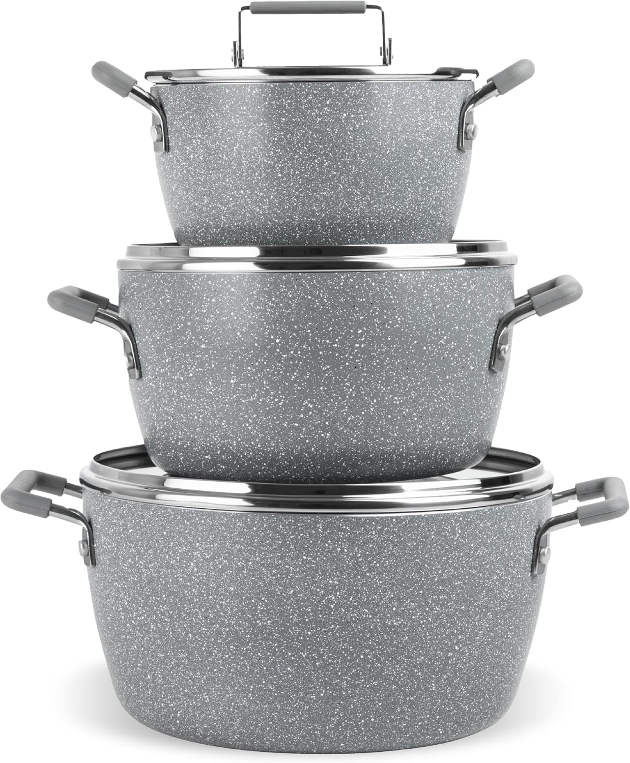 Granitestone Gray Pots and Pans Set Nonstick, 6 Stackable Piece Cooking Pots Set, Kitchen Pots, Non Stick Coating, 5qt 3qt & 1.5qt Pots with Lids, Stay Cool Handles Dishwasher Safe 100% Toxin Free