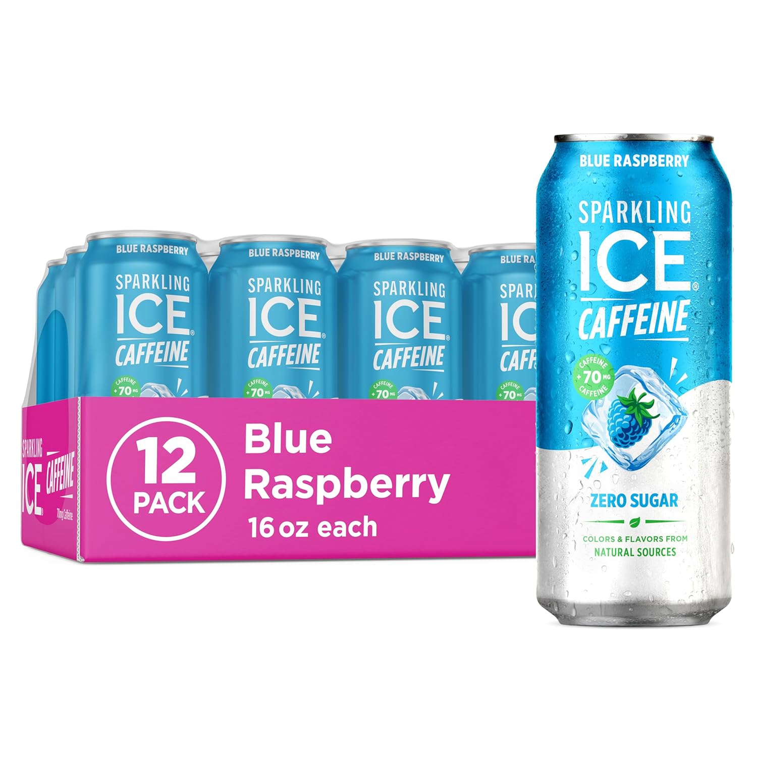 Sparkling Ice Caffeine Black Raspberry Sparkling Water with Caffeine, Zero Sugar, with Antioxidants and Vitamins,16 fl oz Cans (Pack Of 12)