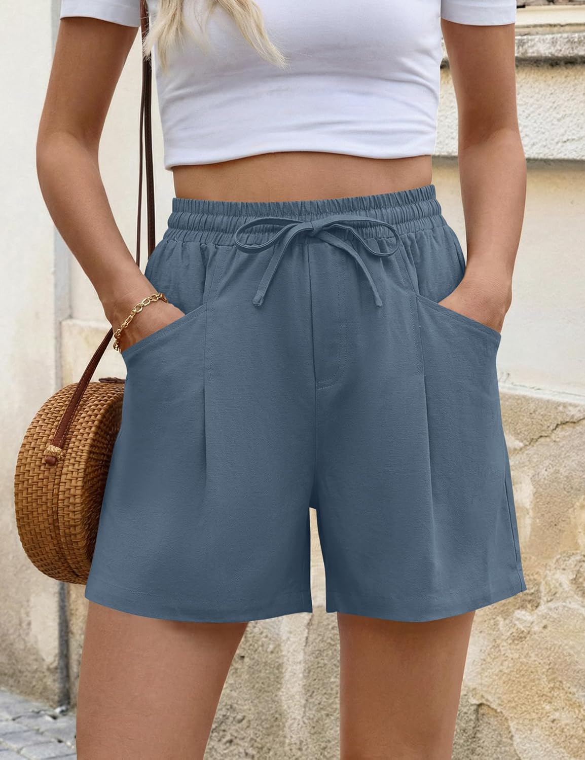 AKEWEI Linen Shorts Women Casual Wide Leg High Waisted Summer Pants Comfy Elastic Waist Drawstring Shorts with Pockets