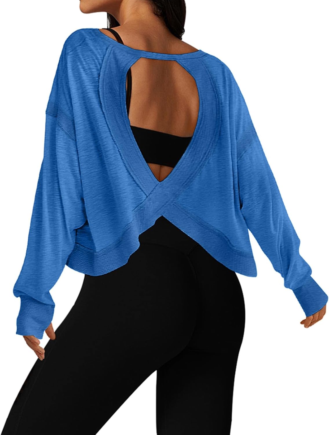 UNIANKIYA Open Back Workout Tops for Women Long Sleeve Cropped Athletic Clothes Gym Running Yoga Low Impact Sports T Shirts