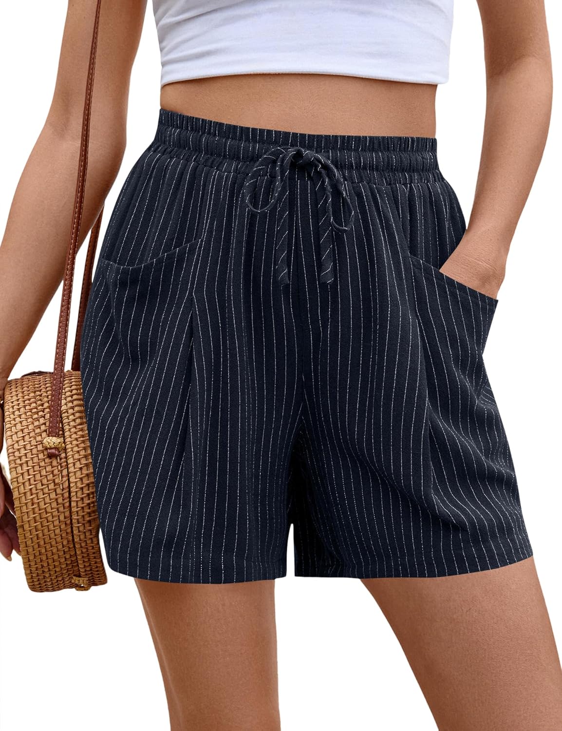 AKEWEI Linen Shorts Women Casual Wide Leg High Waisted Summer Pants Comfy Elastic Waist Drawstring Shorts with Pockets