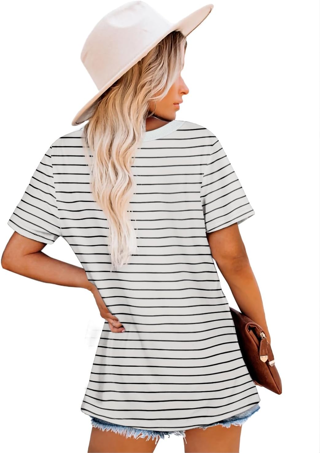 Jescakoo Womens Tops Summer Short Sleeve Ribbed Trim Crewneck T Shirts Fashion Basic Tee