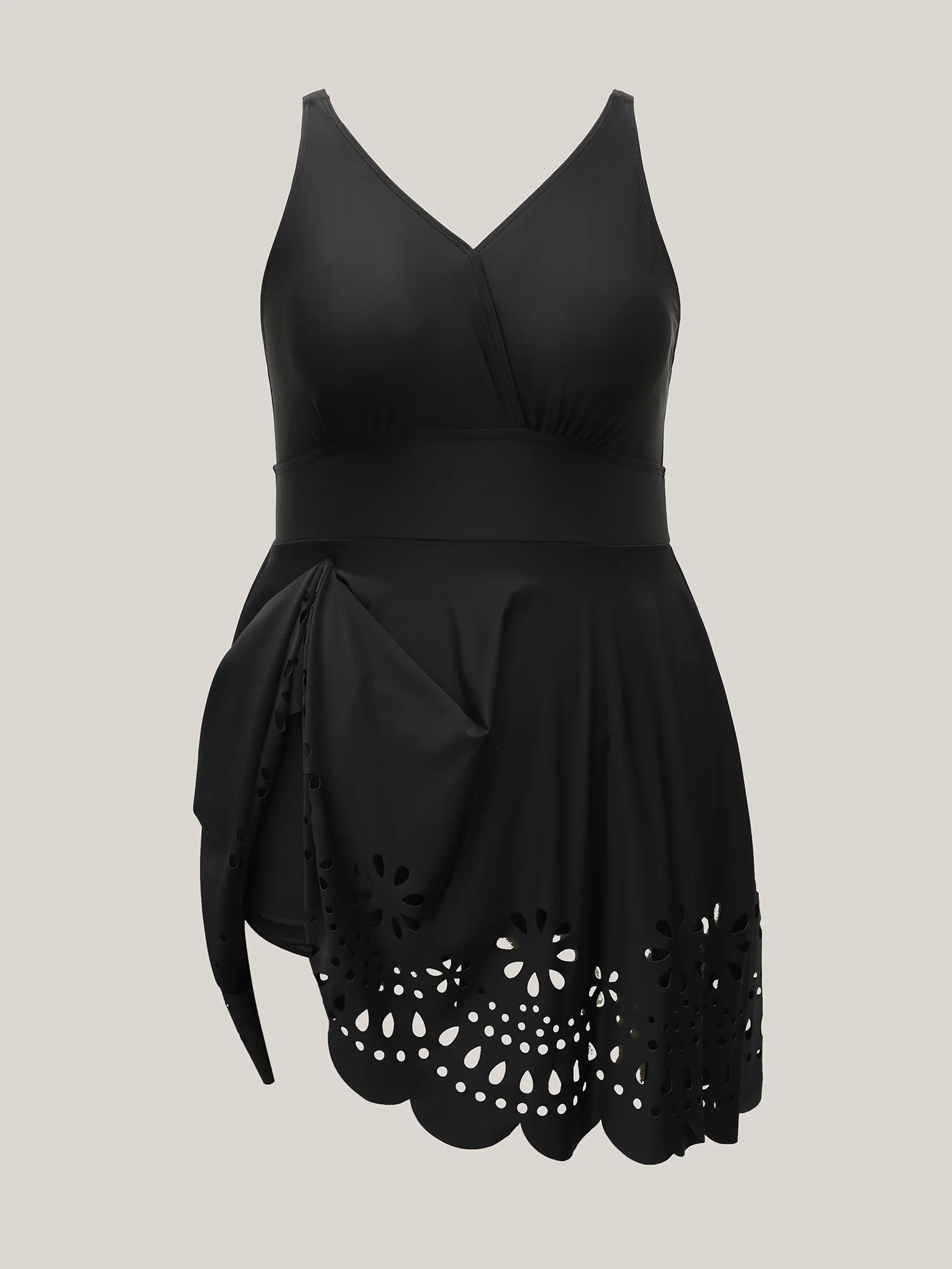Laser Cut Surplice Neck Waist-Cinched Swim Dress
