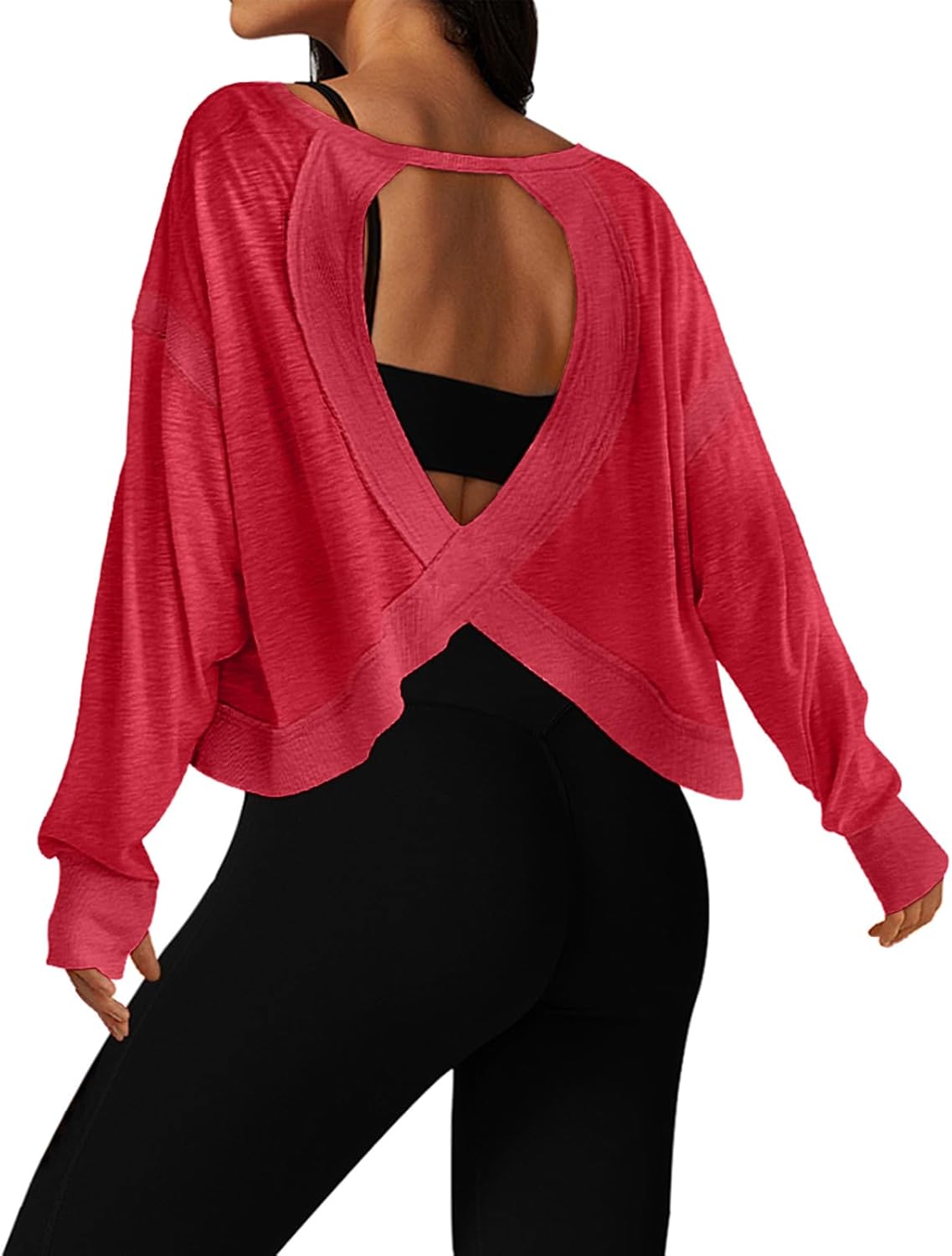UNIANKIYA Open Back Workout Tops for Women Long Sleeve Cropped Athletic Clothes Gym Running Yoga Low Impact Sports T Shirts