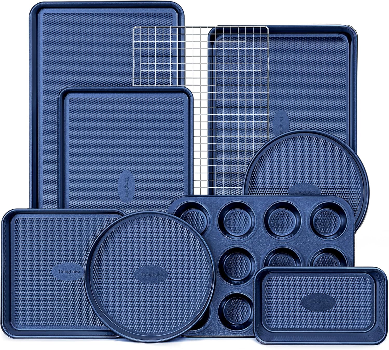 HONGBAKE 9-Piece Baking Pans Set Nonstick, Stackable Non Toxic Bakeware Sets with Diamond Texture, Oven Pan Set for Cooking, Includes Cookie Sheet with Rack, Cake Pan, Roasting Pan, Muffin Tin, Gold