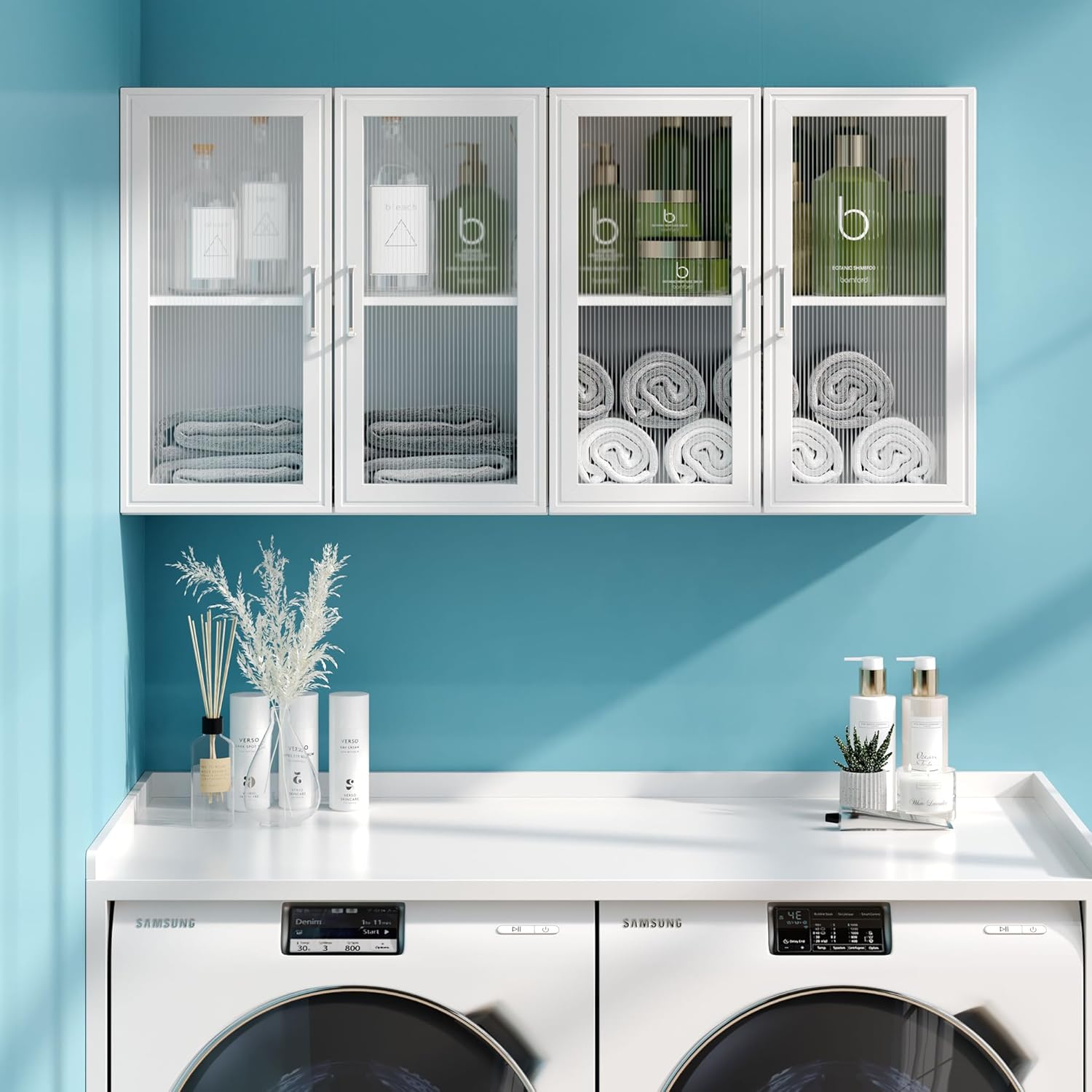 Kitchen Wall Cabinets 4 Doors - Laundry Wall Mounted Storage Cabinets with Acrylic Glass Doors in White, 24