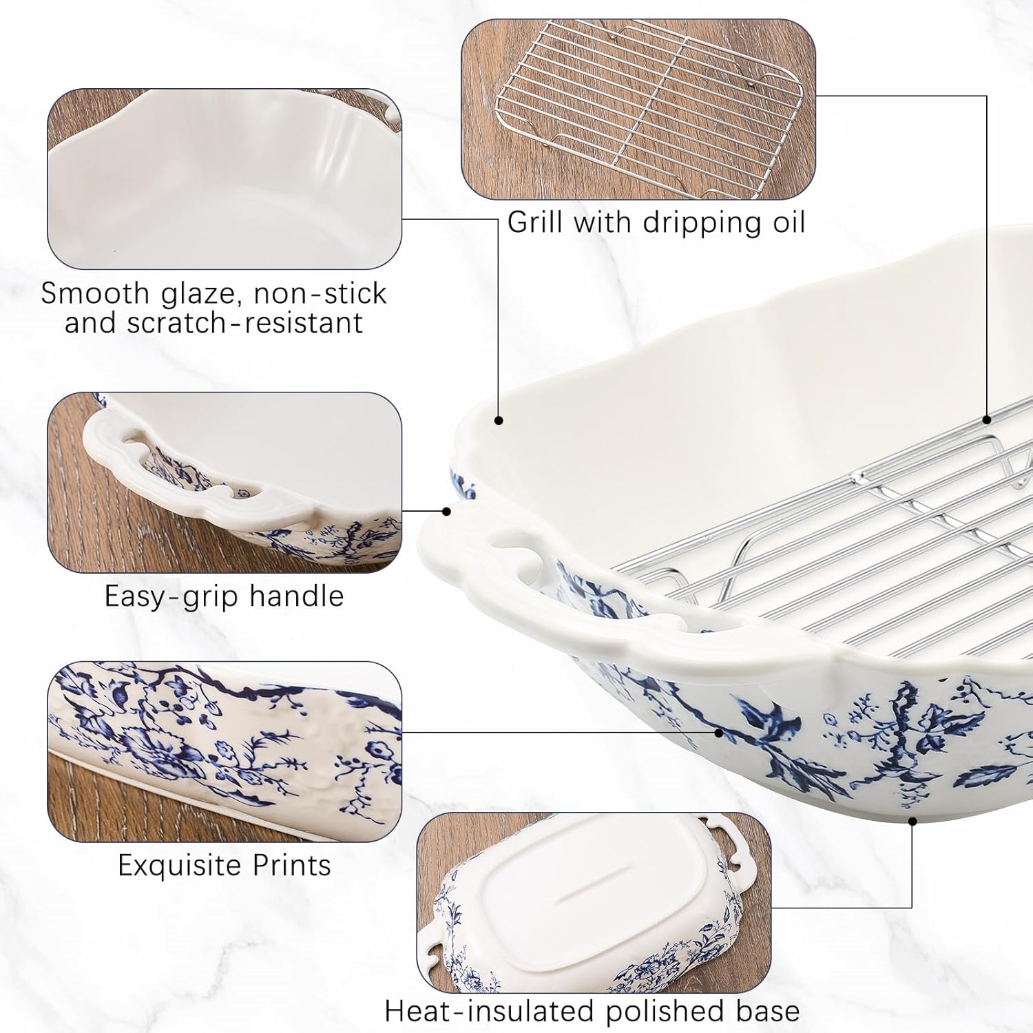 Vintage Casserole Dish 7.3 x 11.8, Ceramic Baking Dish with Oil Drip Rack, 1.26 Qt Blue and White Roasting Pan with Double Handles, Oven Safe and Durable for Baking, Lasagna, Wedding Gift