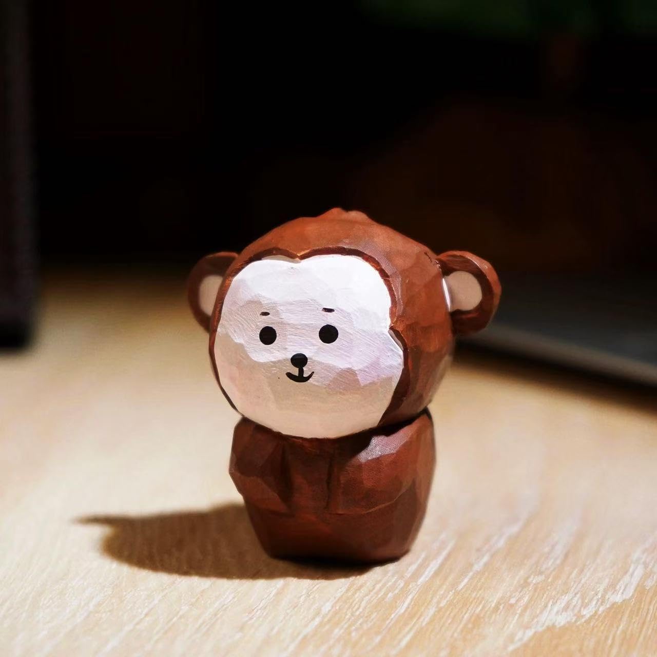 Small Wooden Monkey Figurines Craft, 1.6’’H Hand-Carved Painted Monkey Figurine with Base, Cute Desktop Decor, Wooden Animal Statue Home Decor, Gift for Animal Lovers