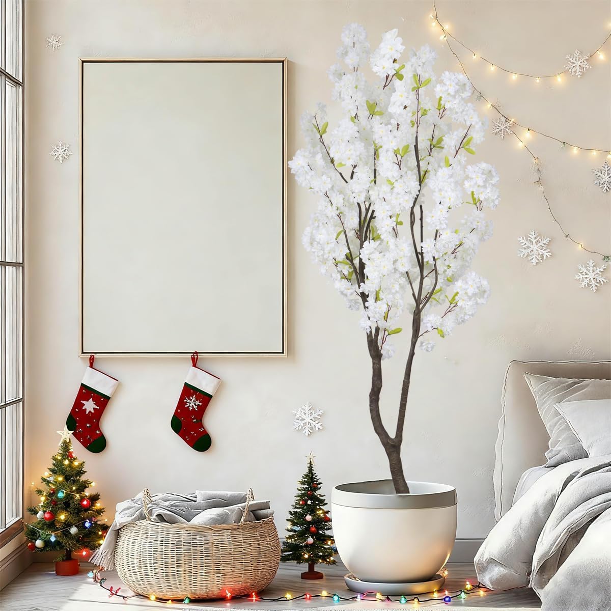 Artificial Cherry Blossom Tree 6ft Tall Indoor Faux White Flower Tree,Fake Cherry Blossom Tree for Home Office Party Wedding Decor